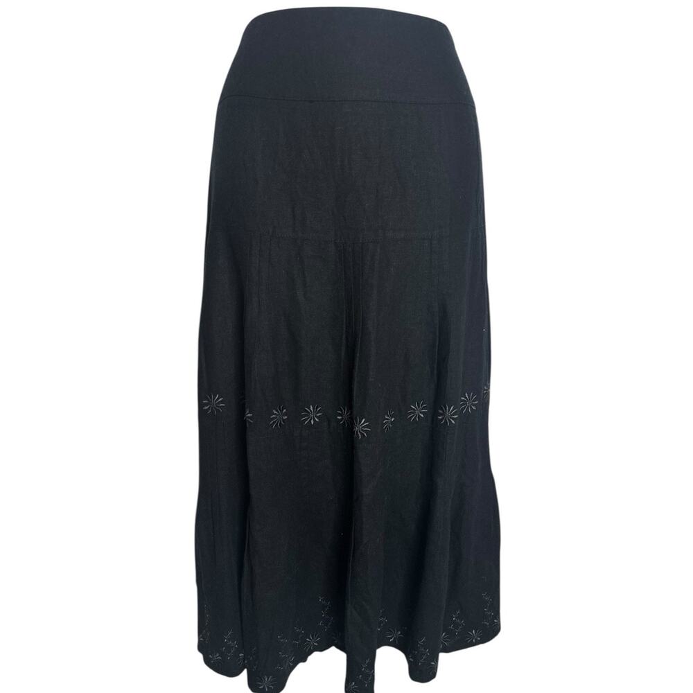Vtg 90s Christian Dior Linen Embroidered Floral Quiet Luxury Resort Midi Skirt 8